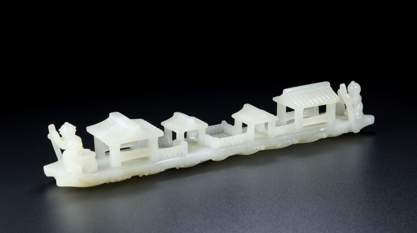 A1088 Superb Chinese Hetian Jade Carved Boat & Figure Statue