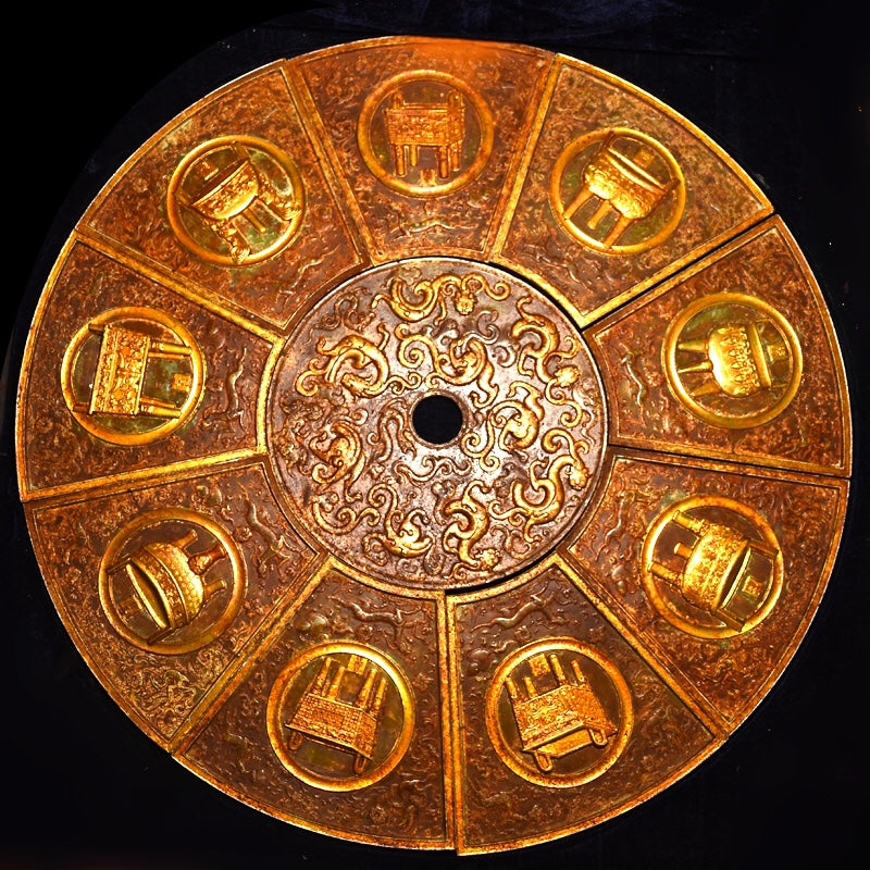 A1092 A Set Superb Vintage Chinese Gilt Gold Hetian Jade Low Relief Chi Dragon Jade bi