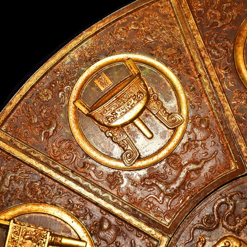 A1092 A Set Superb Vintage Chinese Gilt Gold Hetian Jade Low Relief Chi Dragon Jade bi
