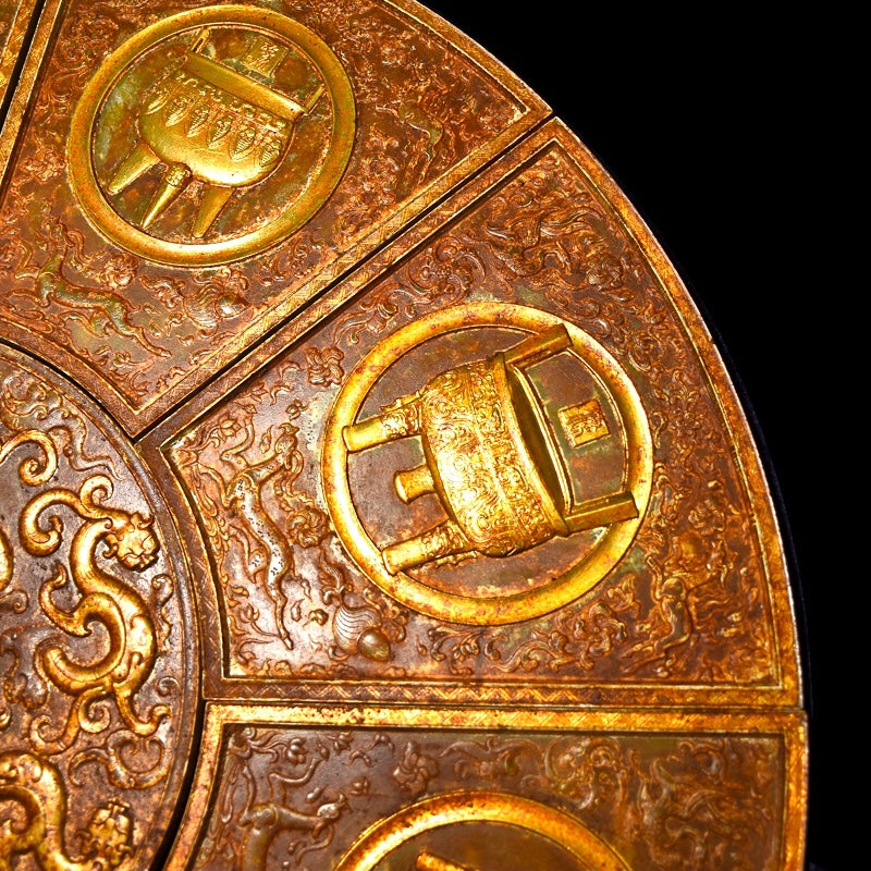 A1092 A Set Superb Vintage Chinese Gilt Gold Hetian Jade Low Relief Chi Dragon Jade bi