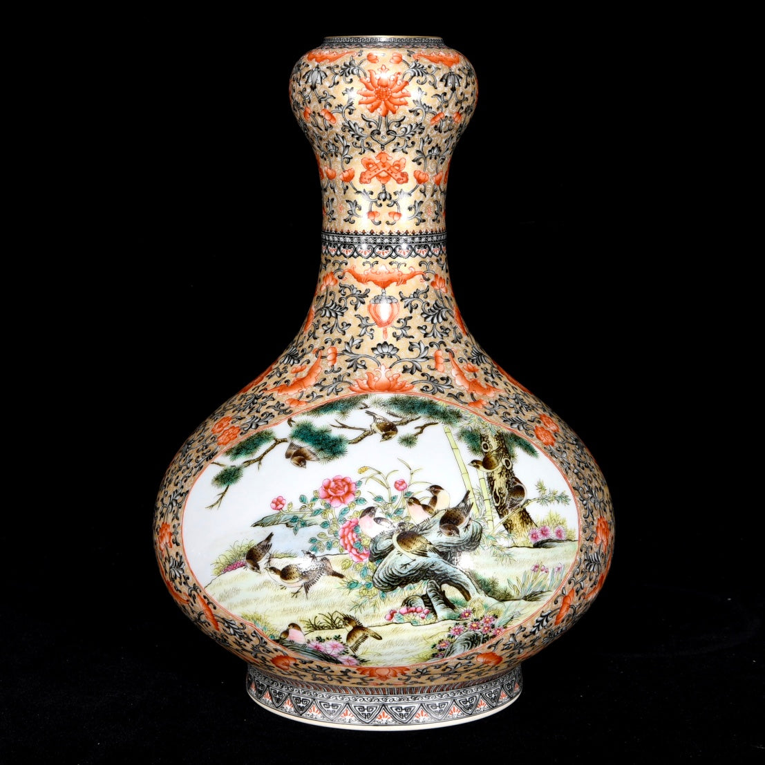 A1097 Chinese Qing Dynasty Gilt Edge Famille Rose Flowers Bird Design Porcelain Vase