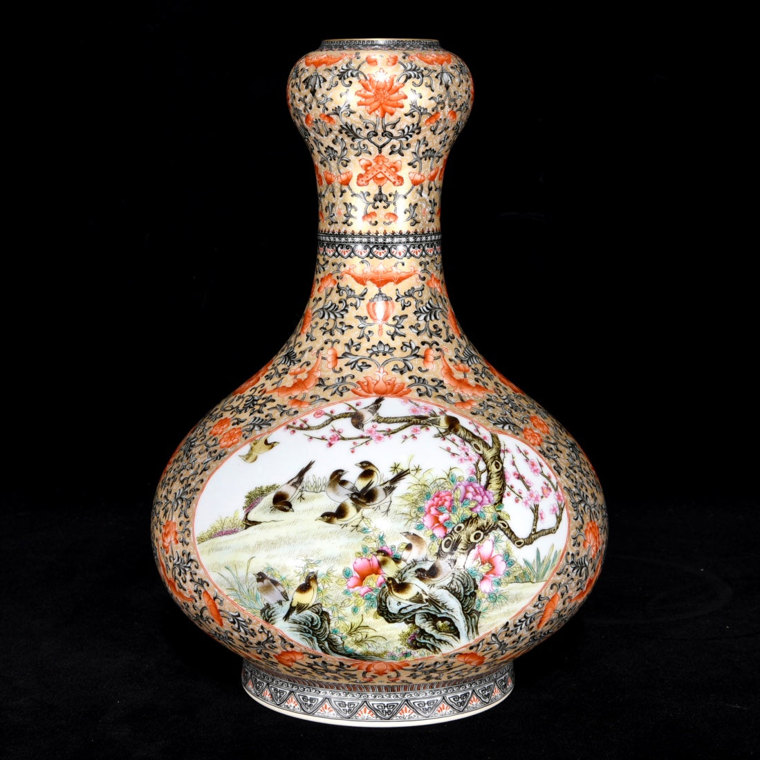A1097 Chinese Qing Dynasty Gilt Edge Famille Rose Flowers Bird Design Porcelain Vase