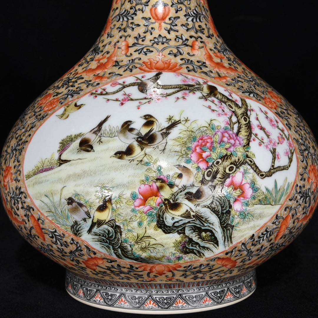 A1097 Chinese Qing Dynasty Gilt Edge Famille Rose Flowers Bird Design Porcelain Vase