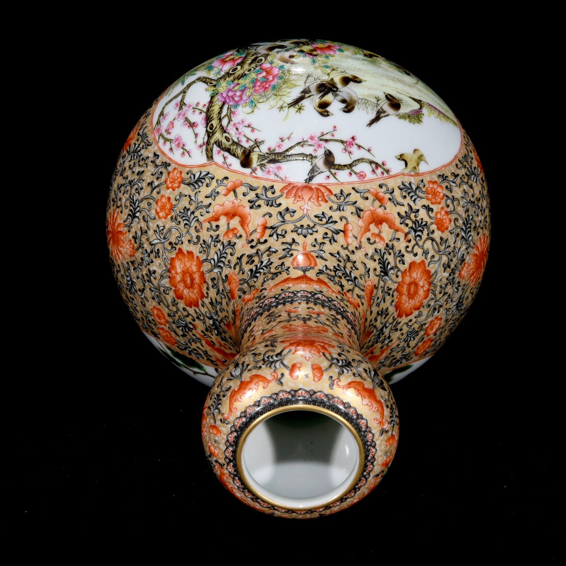 A1097 Chinese Qing Dynasty Gilt Edge Famille Rose Flowers Bird Design Porcelain Vase