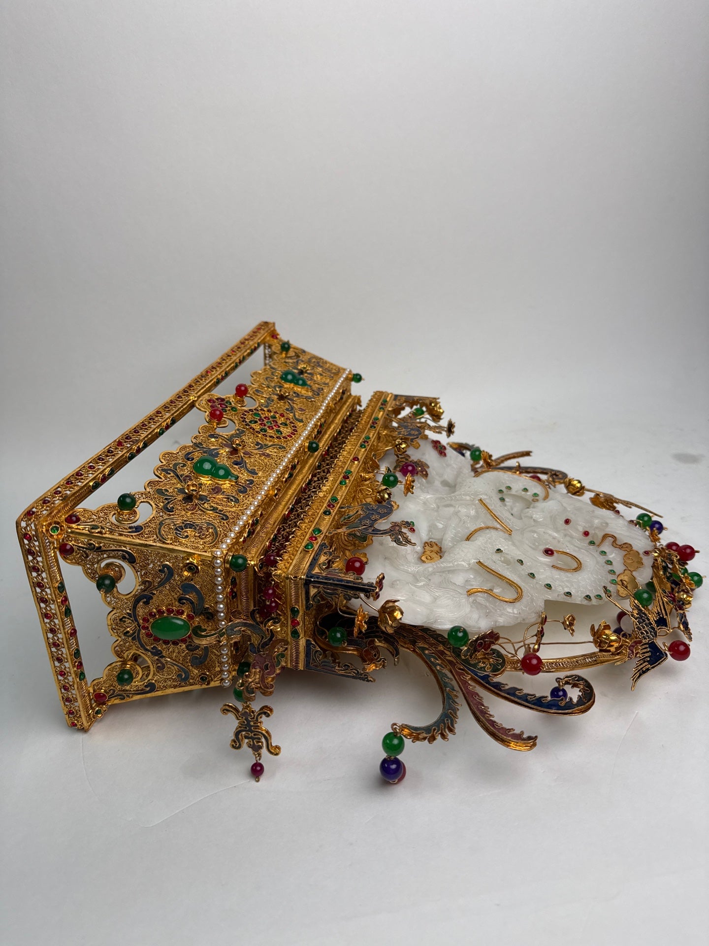 A1098 Exquisite Chinese Gold Wires Enamel Inlay Hetian Jade & Gems Fortune Dragon Statue