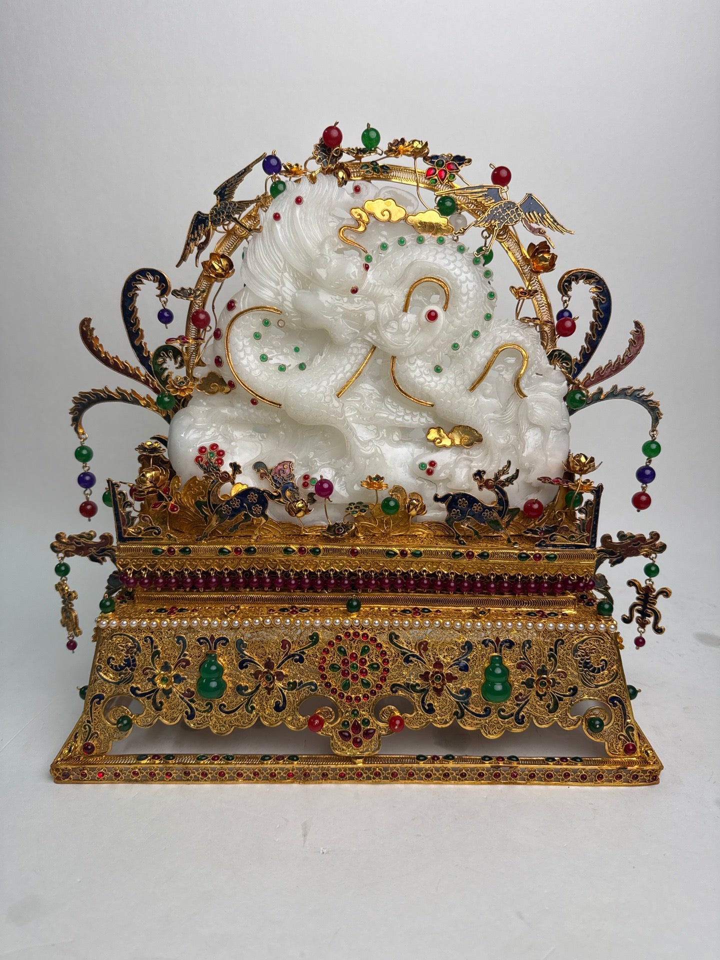 A1098 Exquisite Chinese Gold Wires Enamel Inlay Hetian Jade & Gems Fortune Dragon Statue