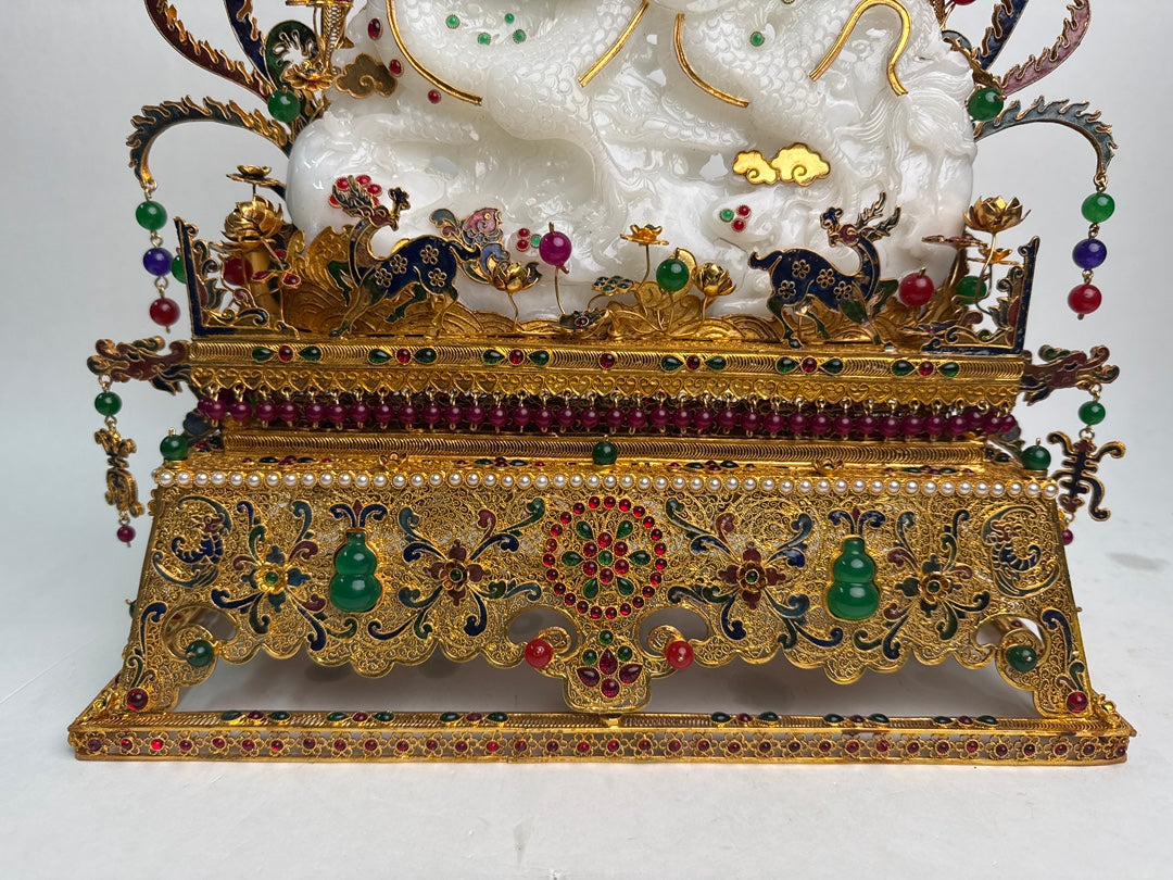 A1098 Exquisite Chinese Gold Wires Enamel Inlay Hetian Jade & Gems Fortune Dragon Statue