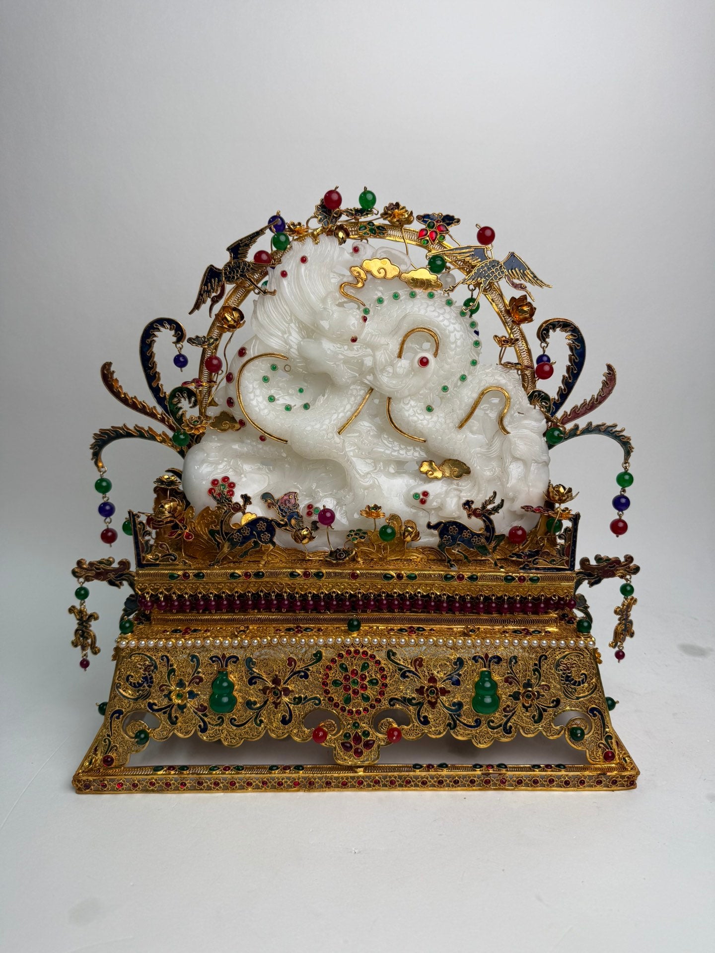 A1098 Exquisite Chinese Gold Wires Enamel Inlay Hetian Jade & Gems Fortune Dragon Statue