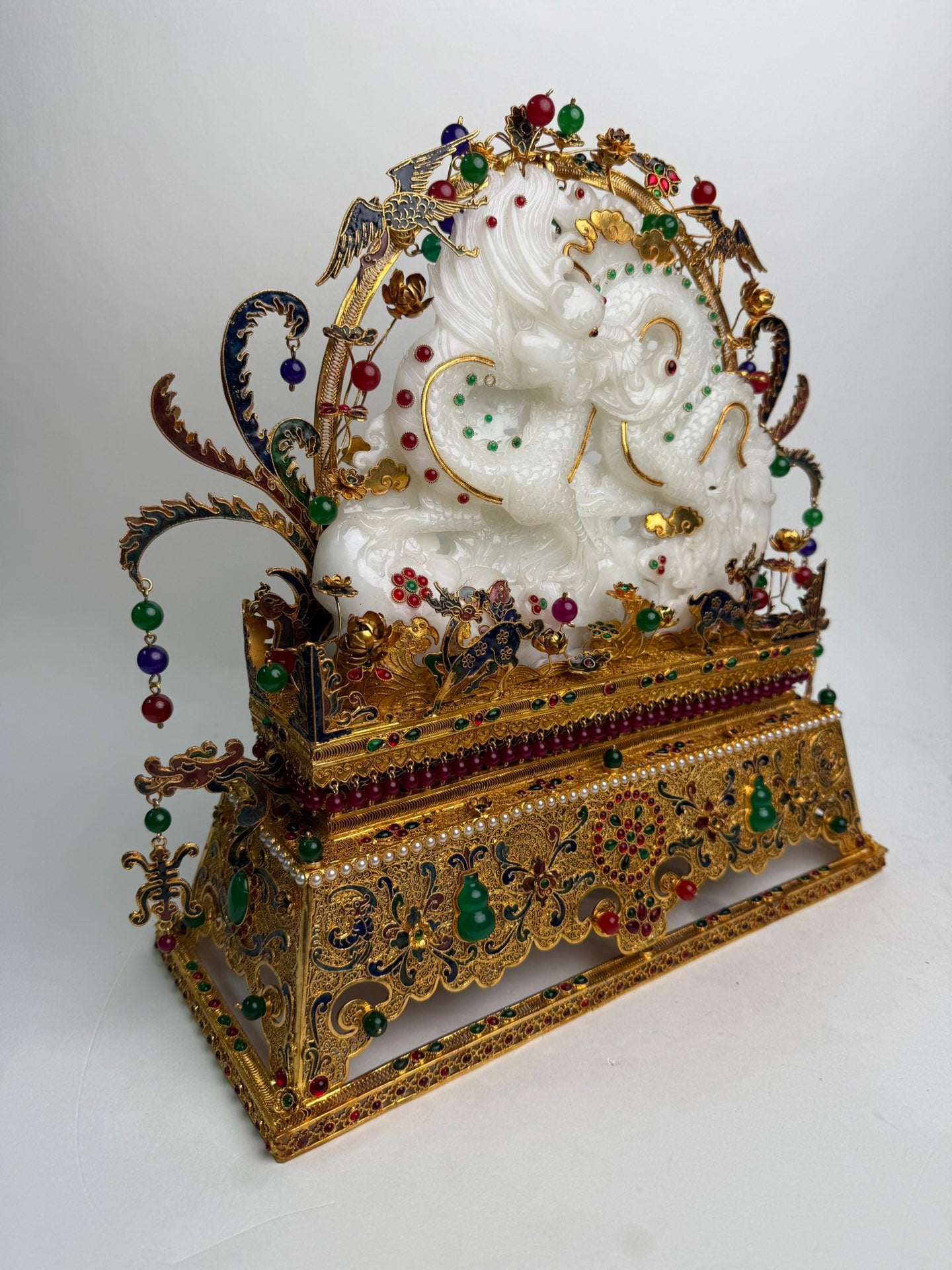 A1098 Exquisite Chinese Gold Wires Enamel Inlay Hetian Jade & Gems Fortune Dragon Statue
