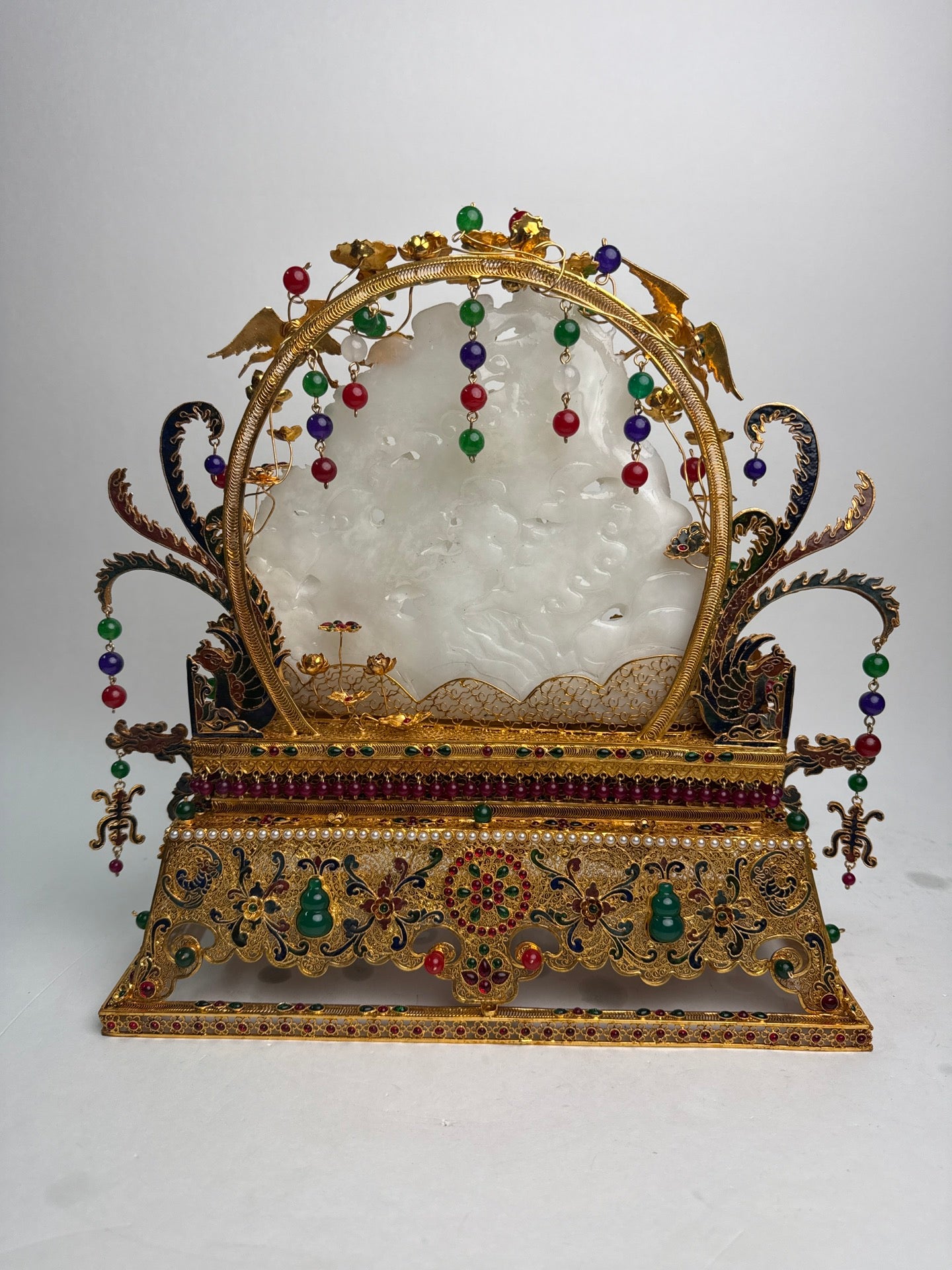 A1098 Exquisite Chinese Gold Wires Enamel Inlay Hetian Jade & Gems Fortune Dragon Statue