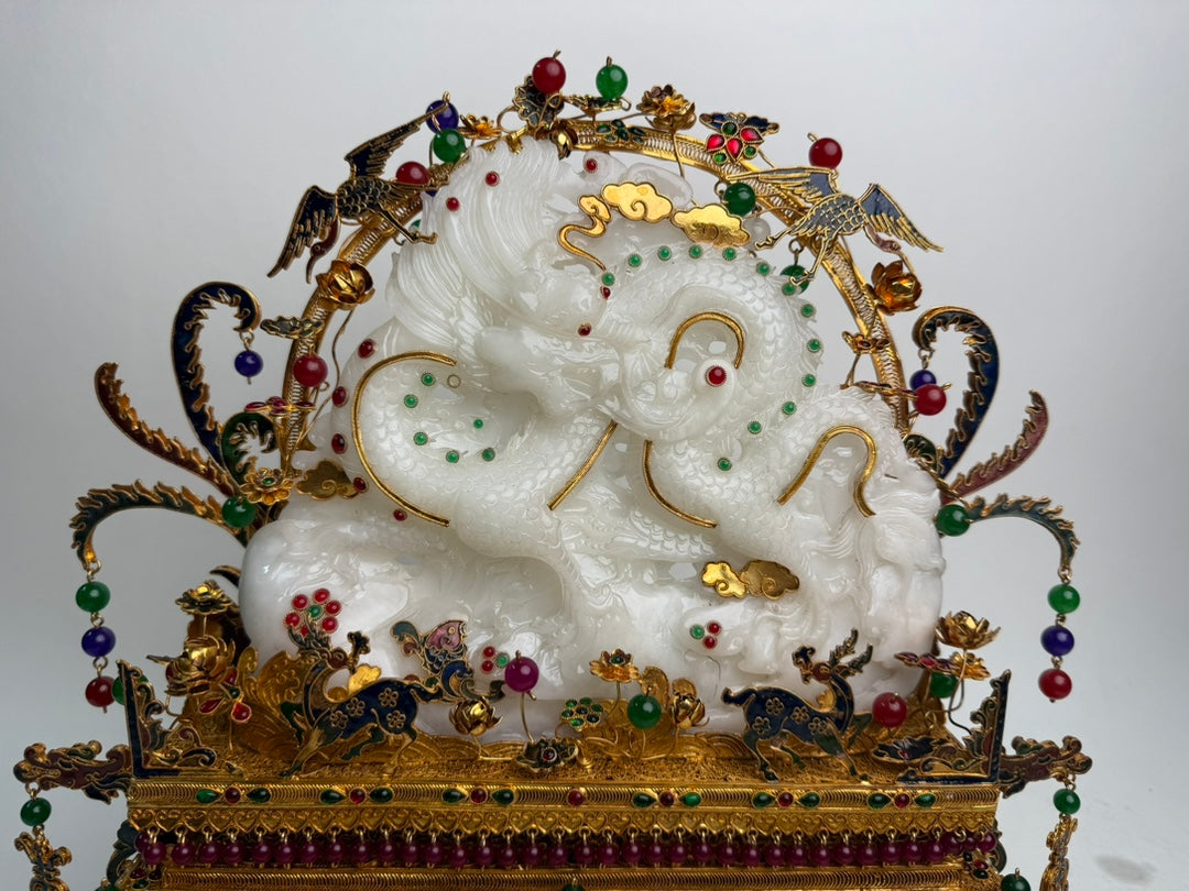 A1098 Exquisite Chinese Gold Wires Enamel Inlay Hetian Jade & Gems Fortune Dragon Statue