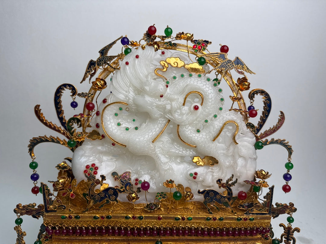 A1098 Exquisite Chinese Gold Wires Enamel Inlay Hetian Jade & Gems Fortune Dragon Statue