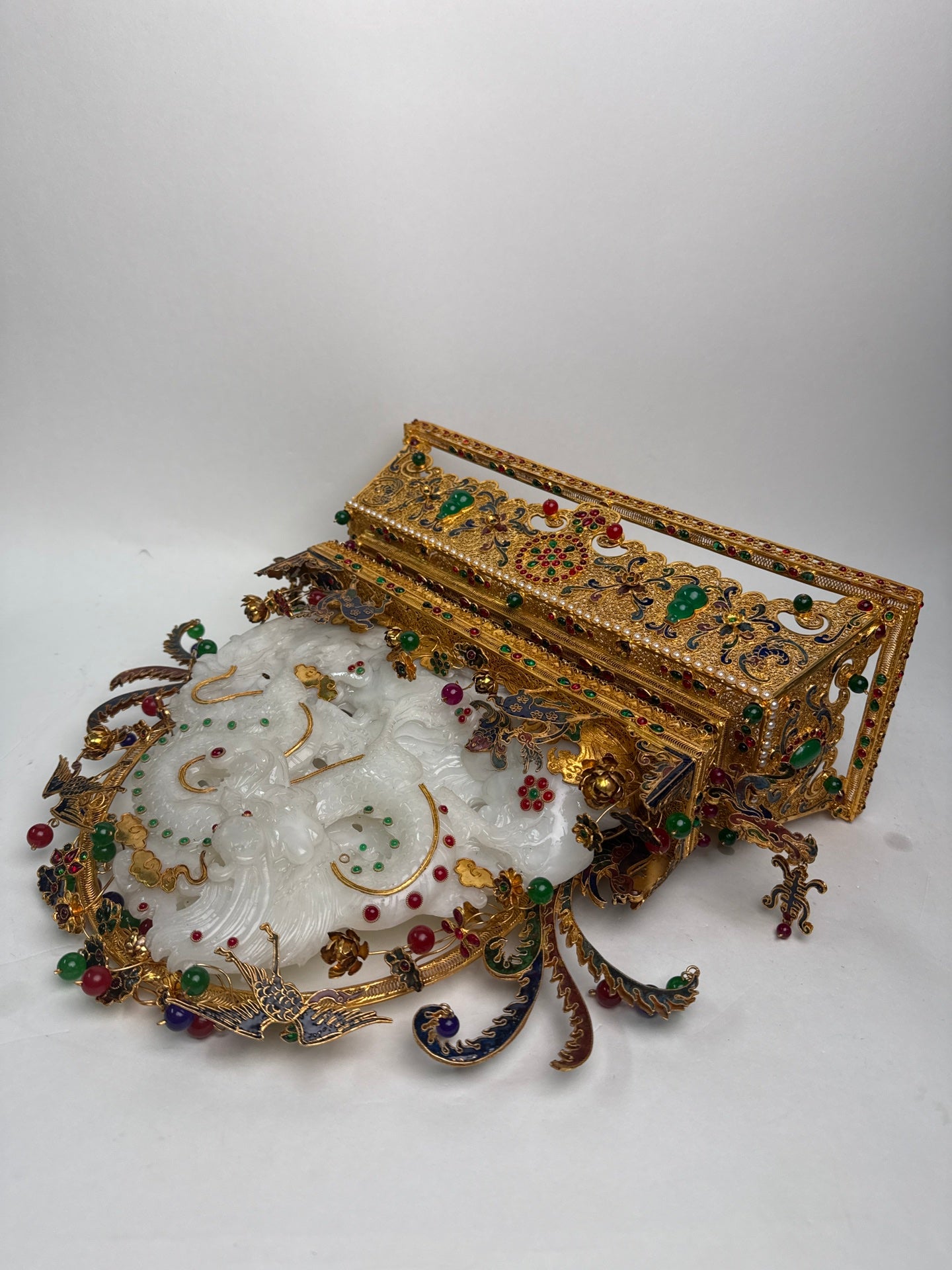 A1098 Exquisite Chinese Gold Wires Enamel Inlay Hetian Jade & Gems Fortune Dragon Statue