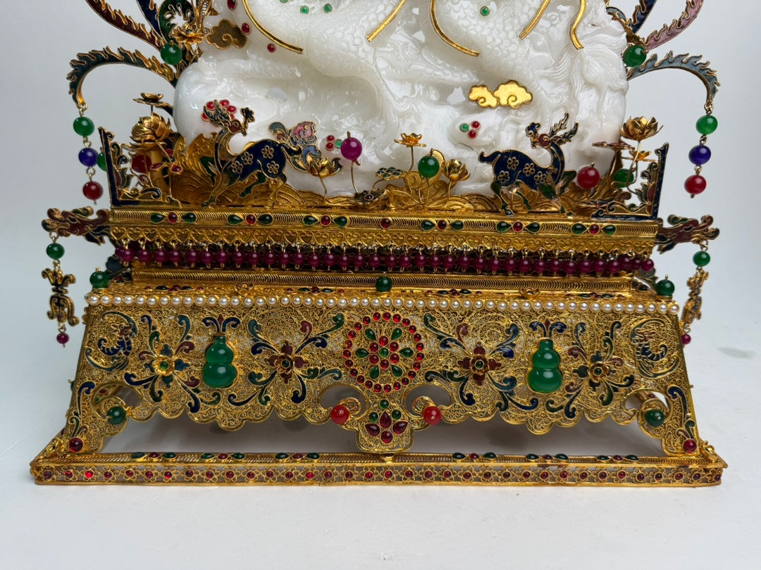 A1098 Exquisite Chinese Gold Wires Enamel Inlay Hetian Jade & Gems Fortune Dragon Statue