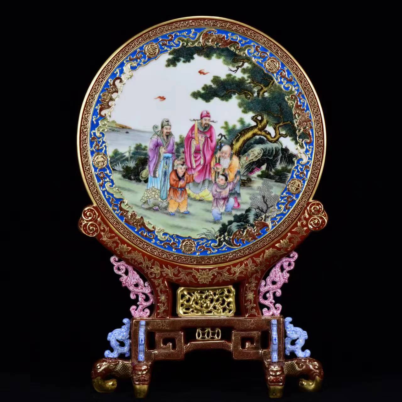 A1104 Chinese Qing Dynasty Gilt Gold Famille Rose Enamel Taoism Deity Fukurokuju Design Porcelain Screen