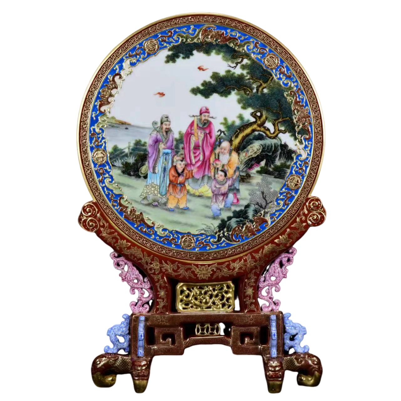 A1104 Chinese Qing Dynasty Gilt Gold Famille Rose Enamel Taoism Deity Fukurokuju Design Porcelain Screen