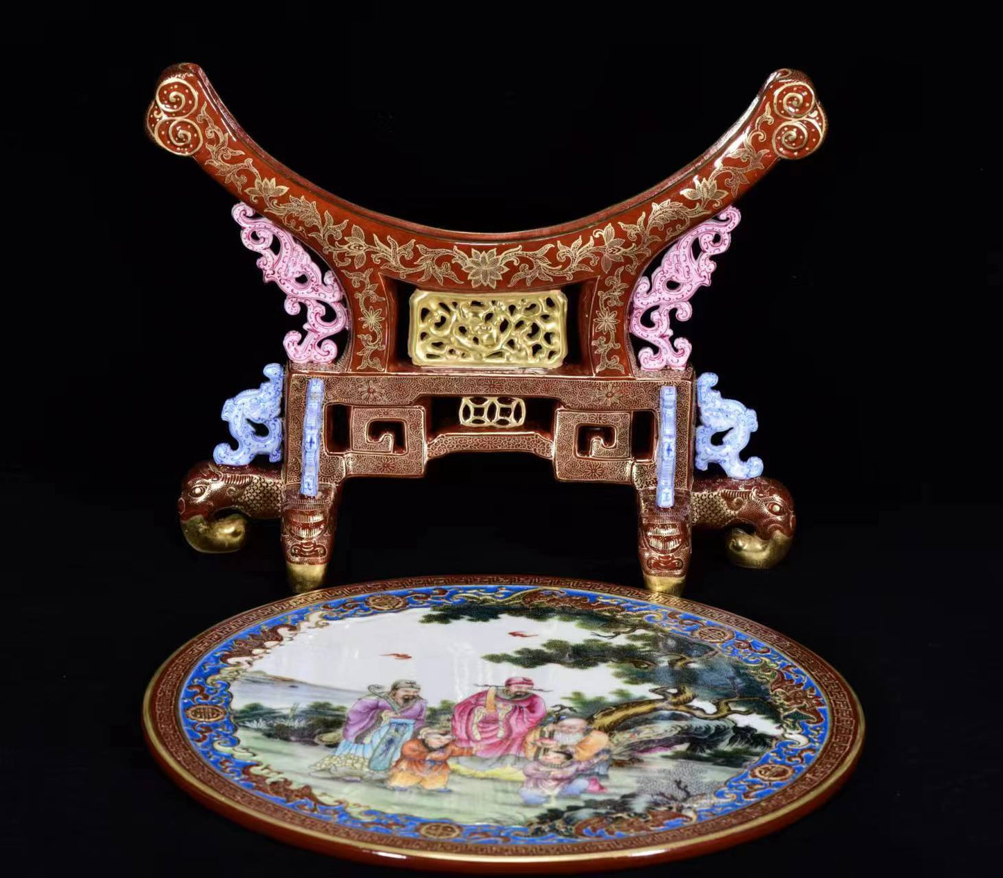 A1104 Chinese Qing Dynasty Gilt Gold Famille Rose Enamel Taoism Deity Fukurokuju Design Porcelain Screen