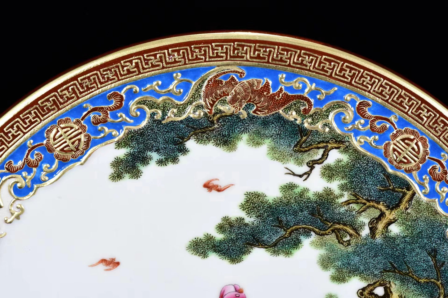 A1104 Chinese Qing Dynasty Gilt Gold Famille Rose Enamel Taoism Deity Fukurokuju Design Porcelain Screen