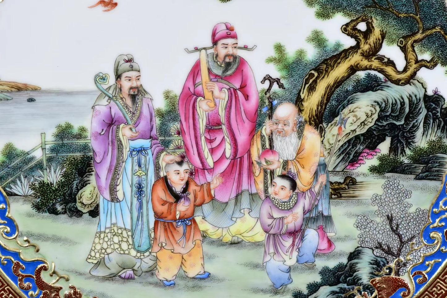 A1104 Chinese Qing Dynasty Gilt Gold Famille Rose Enamel Taoism Deity Fukurokuju Design Porcelain Screen