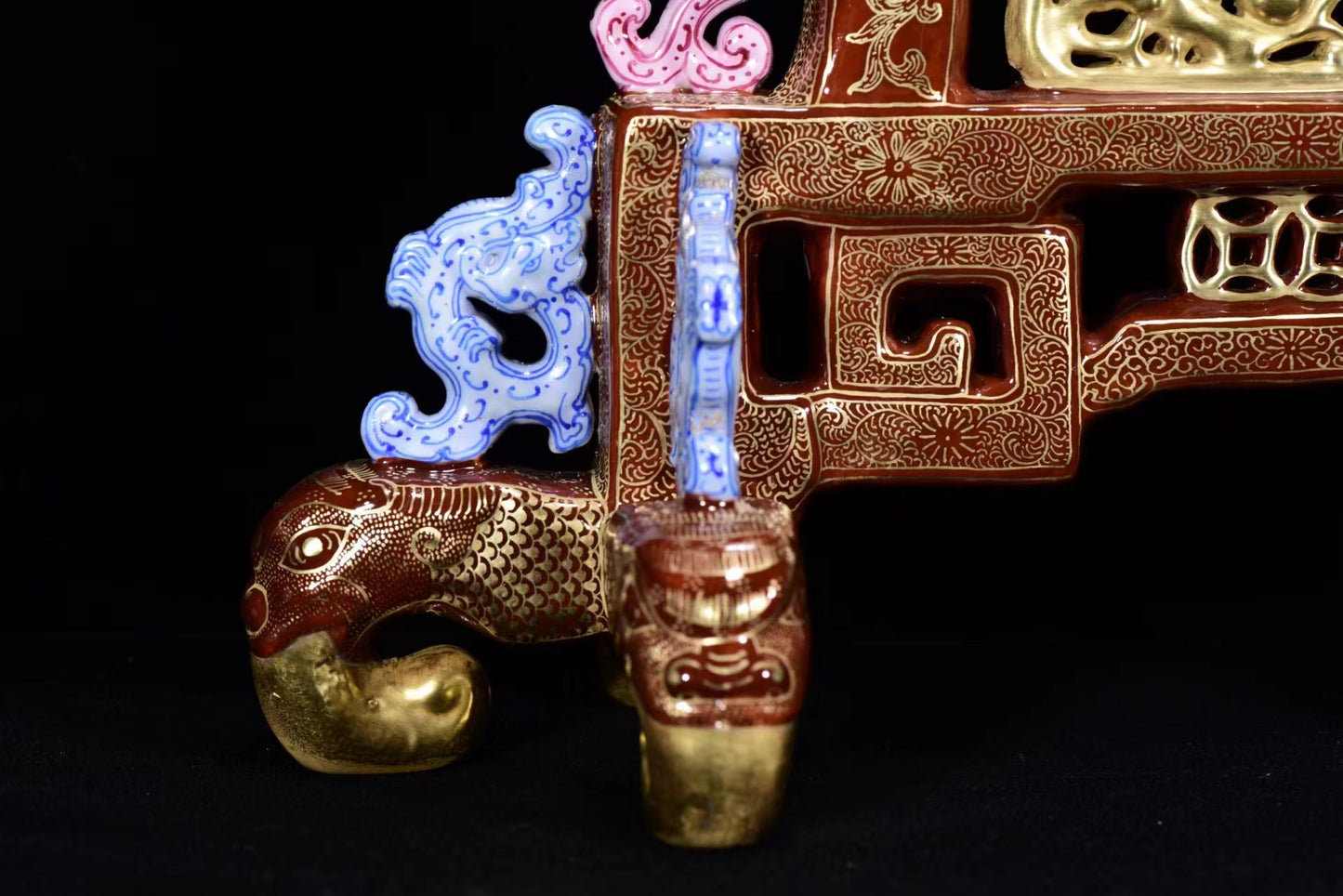A1104 Chinese Qing Dynasty Gilt Gold Famille Rose Enamel Taoism Deity Fukurokuju Design Porcelain Screen