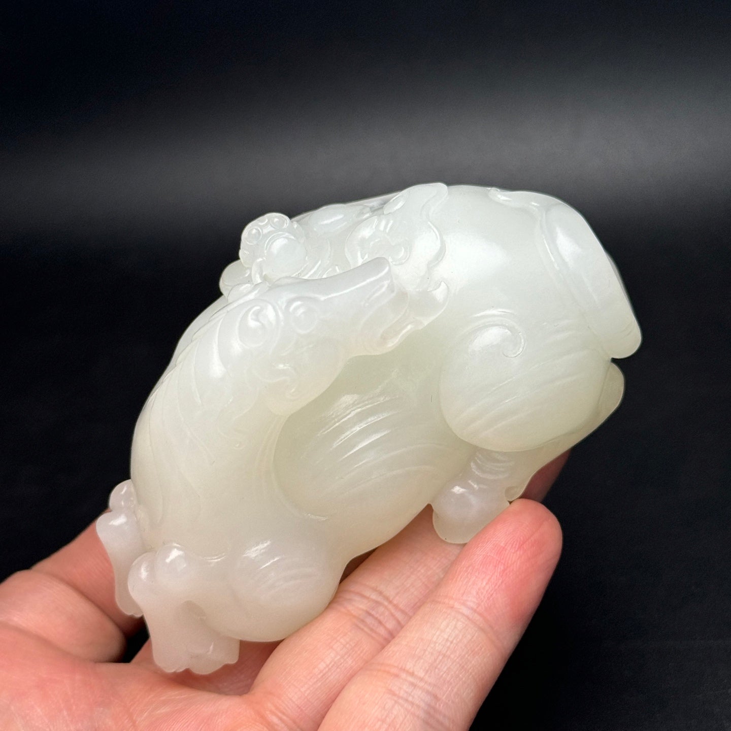 A1110 Superb Chinese White Hetian Jade Carved Horse & Monkey Statue