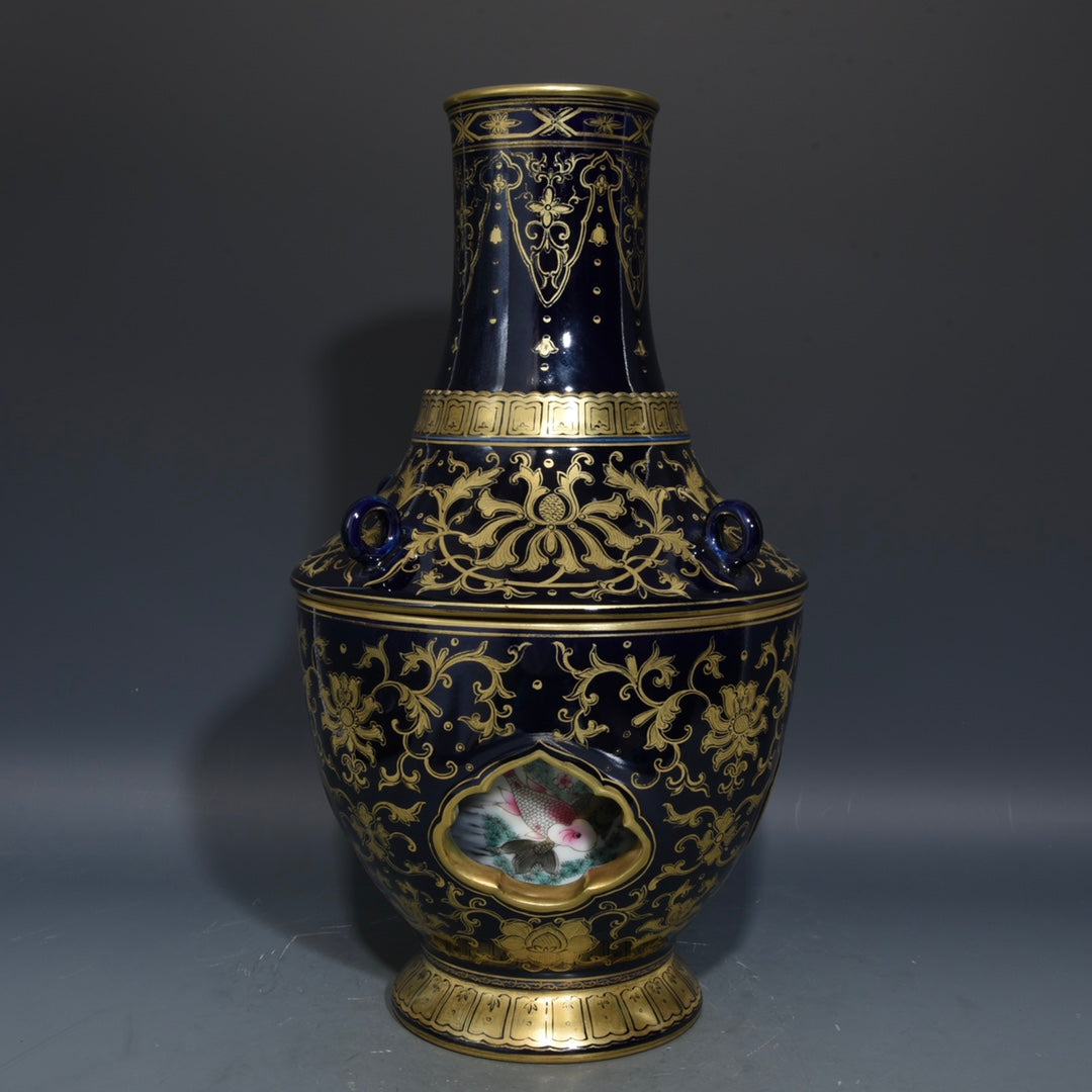 A1113 Chinese Qing Dynasty Gilt Gold Blue Glaze Flowers Design Turn Heart Porcelain Vase