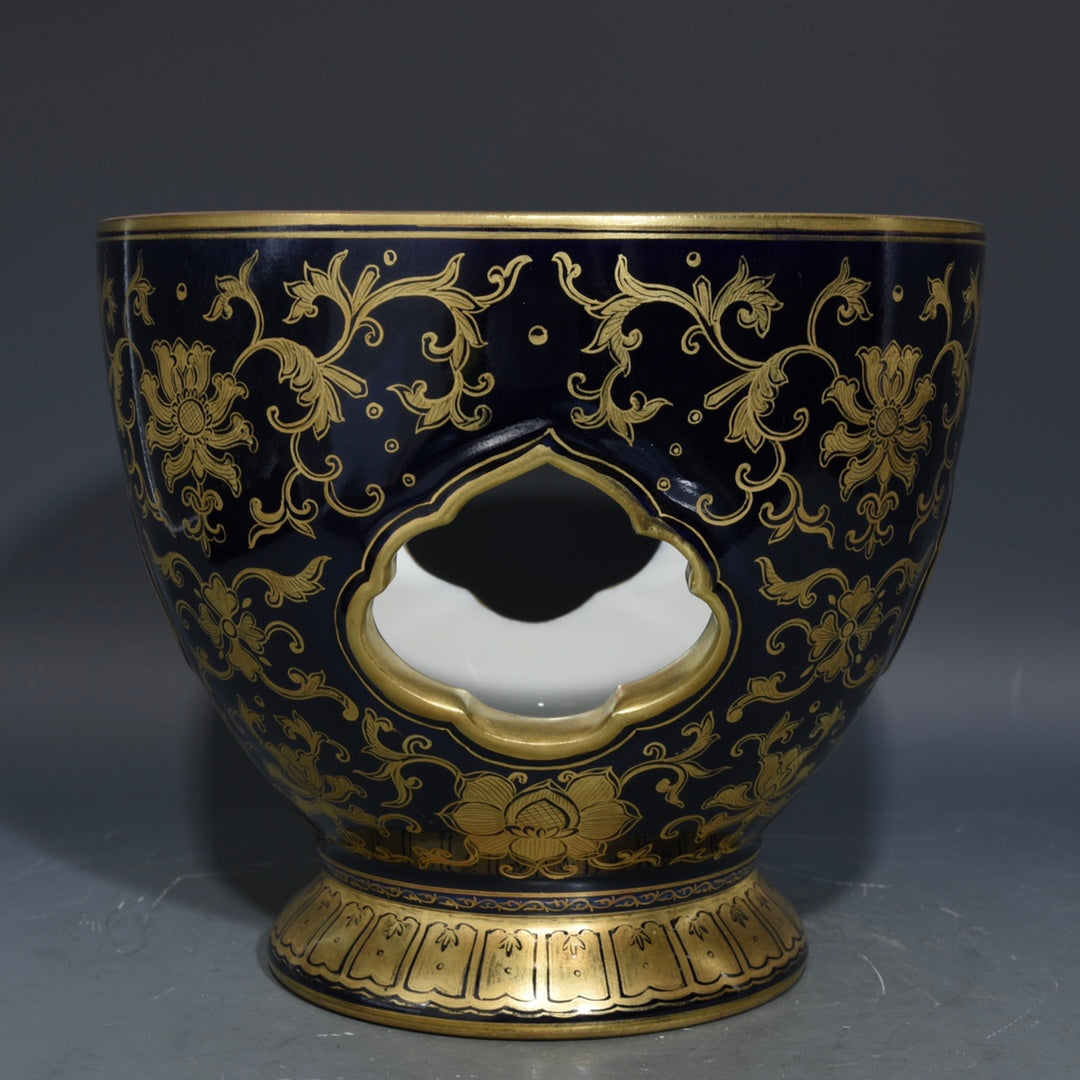 A1113 Chinese Qing Dynasty Gilt Gold Blue Glaze Flowers Design Turn Heart Porcelain Vase