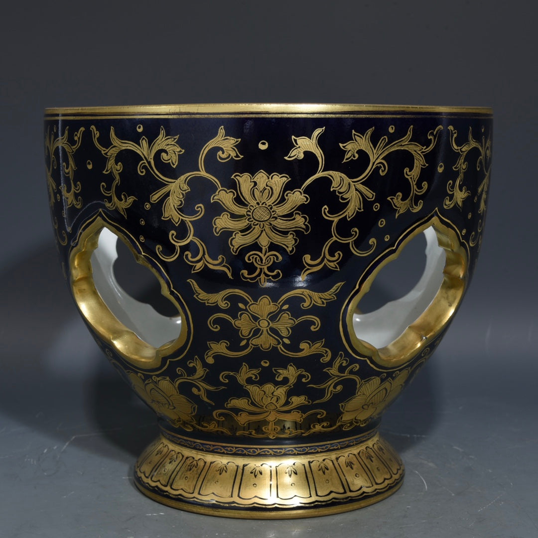 A1113 Chinese Qing Dynasty Gilt Gold Blue Glaze Flowers Design Turn Heart Porcelain Vase