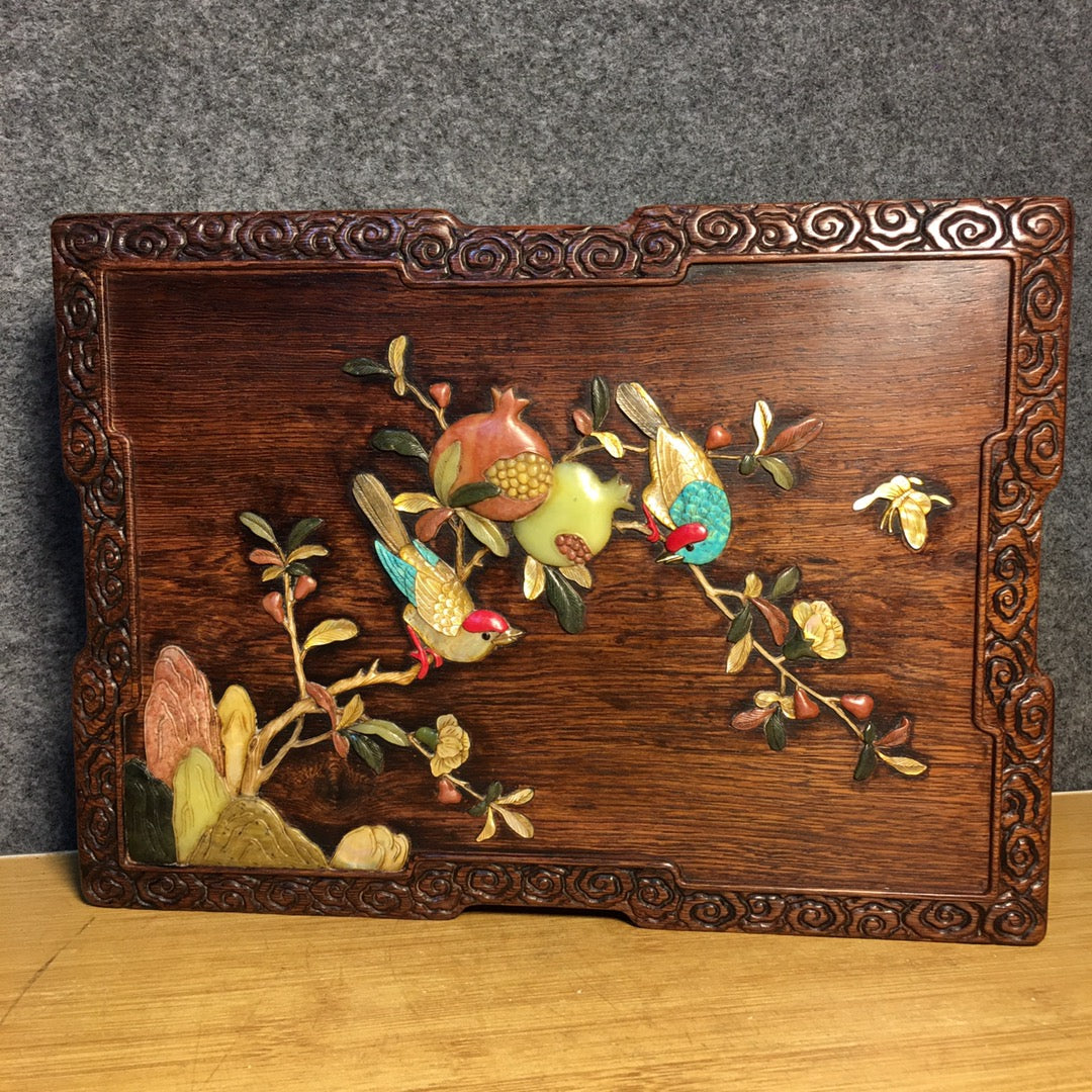 A1114 Chinese Huanghuali Wood Inlay Shoushan Stone & Shell Bird & Pomegranate Jewellery Box