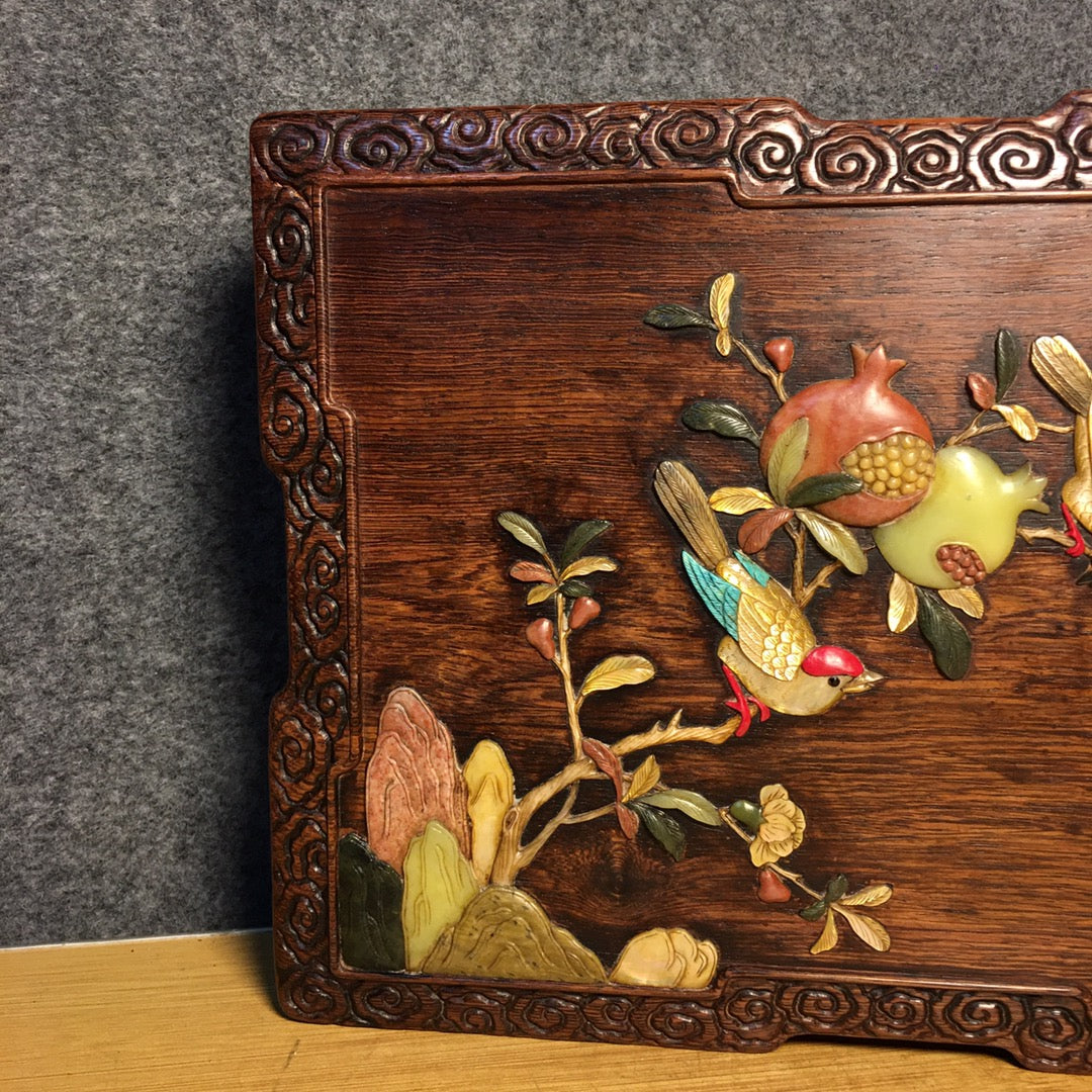 A1114 Chinese Huanghuali Wood Inlay Shoushan Stone & Shell Bird & Pomegranate Jewellery Box