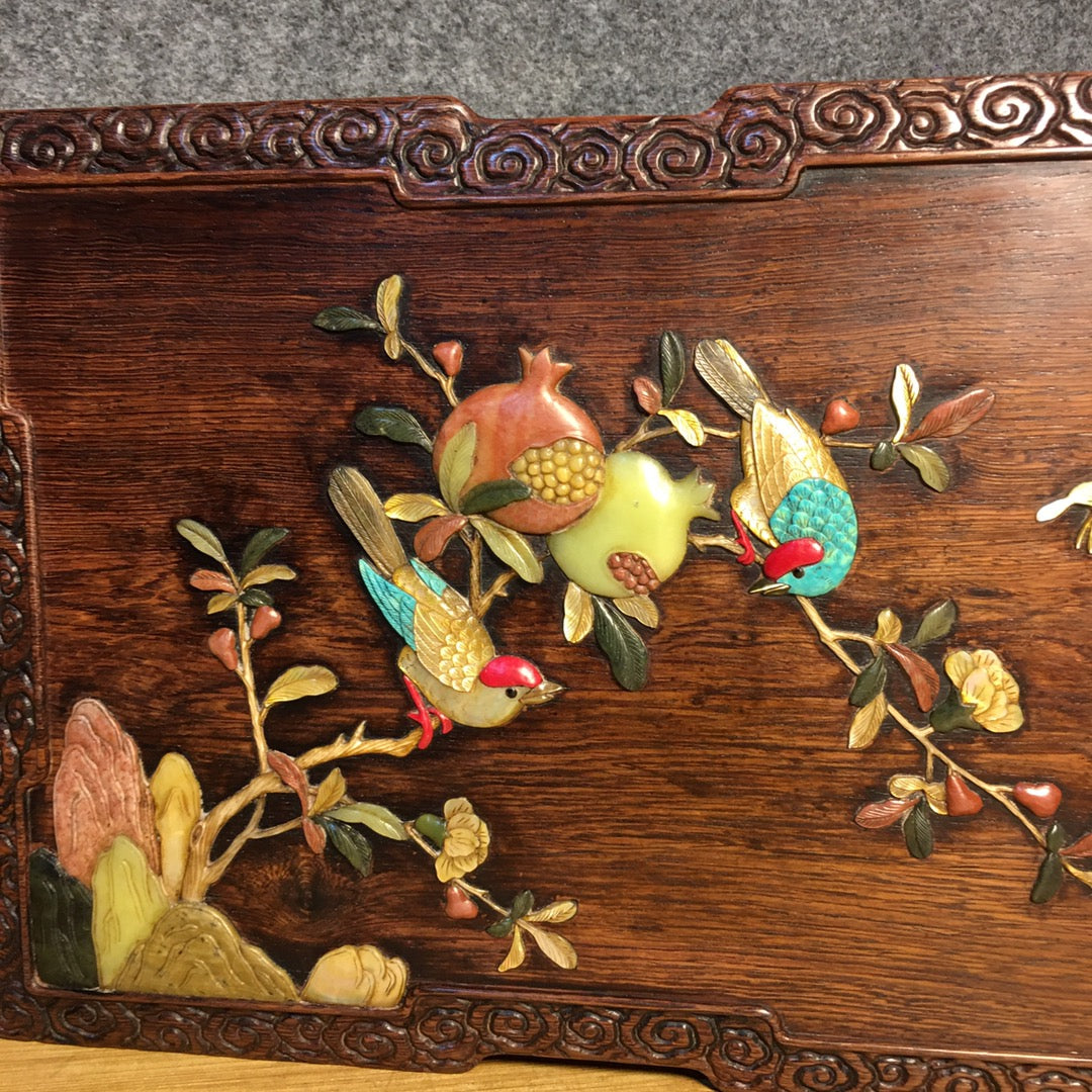 A1114 Chinese Huanghuali Wood Inlay Shoushan Stone & Shell Bird & Pomegranate Jewellery Box