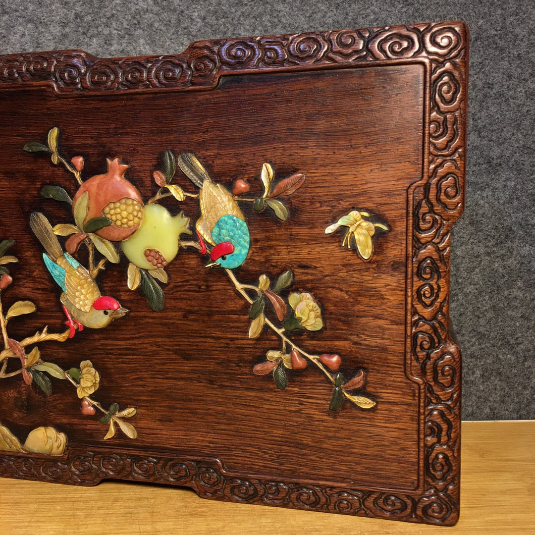 A1114 Chinese Huanghuali Wood Inlay Shoushan Stone & Shell Bird & Pomegranate Jewellery Box