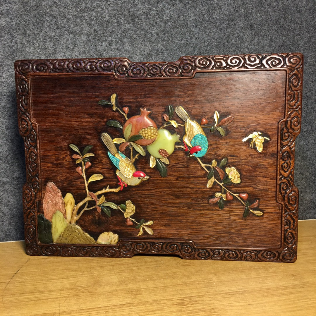 A1114 Chinese Huanghuali Wood Inlay Shoushan Stone & Shell Bird & Pomegranate Jewellery Box