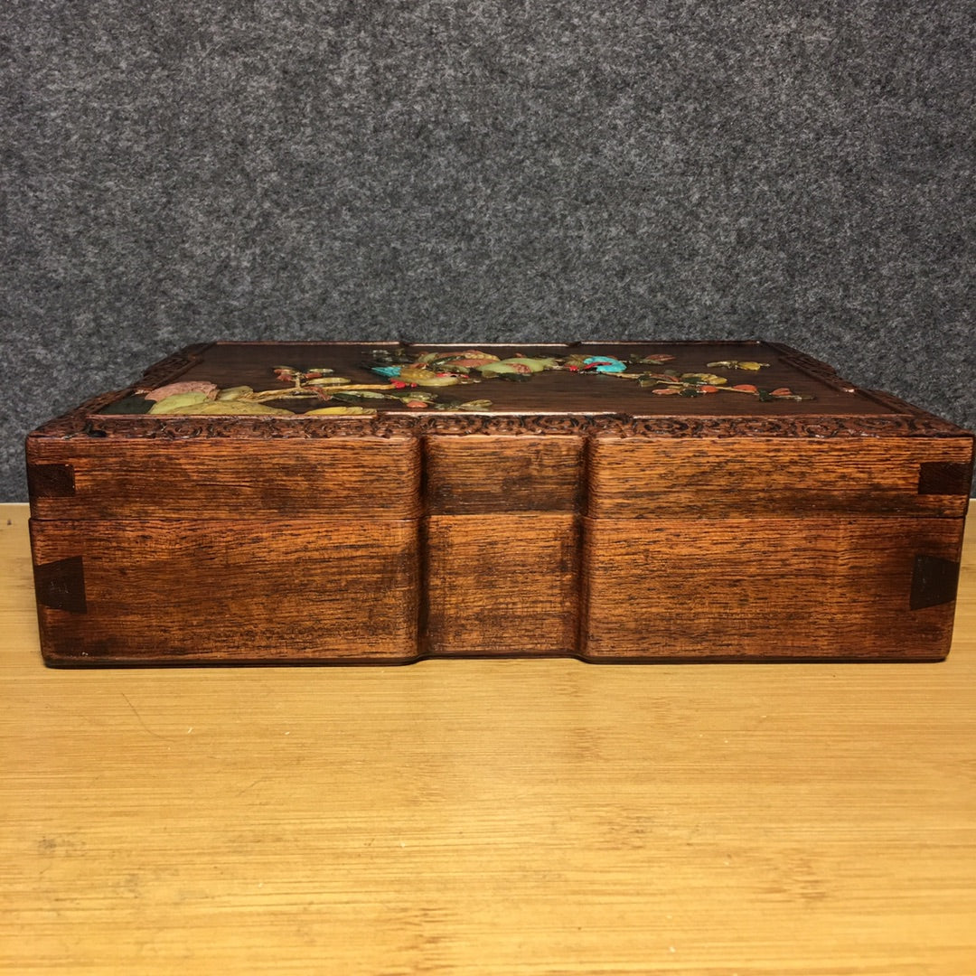 A1114 Chinese Huanghuali Wood Inlay Shoushan Stone & Shell Bird & Pomegranate Jewellery Box