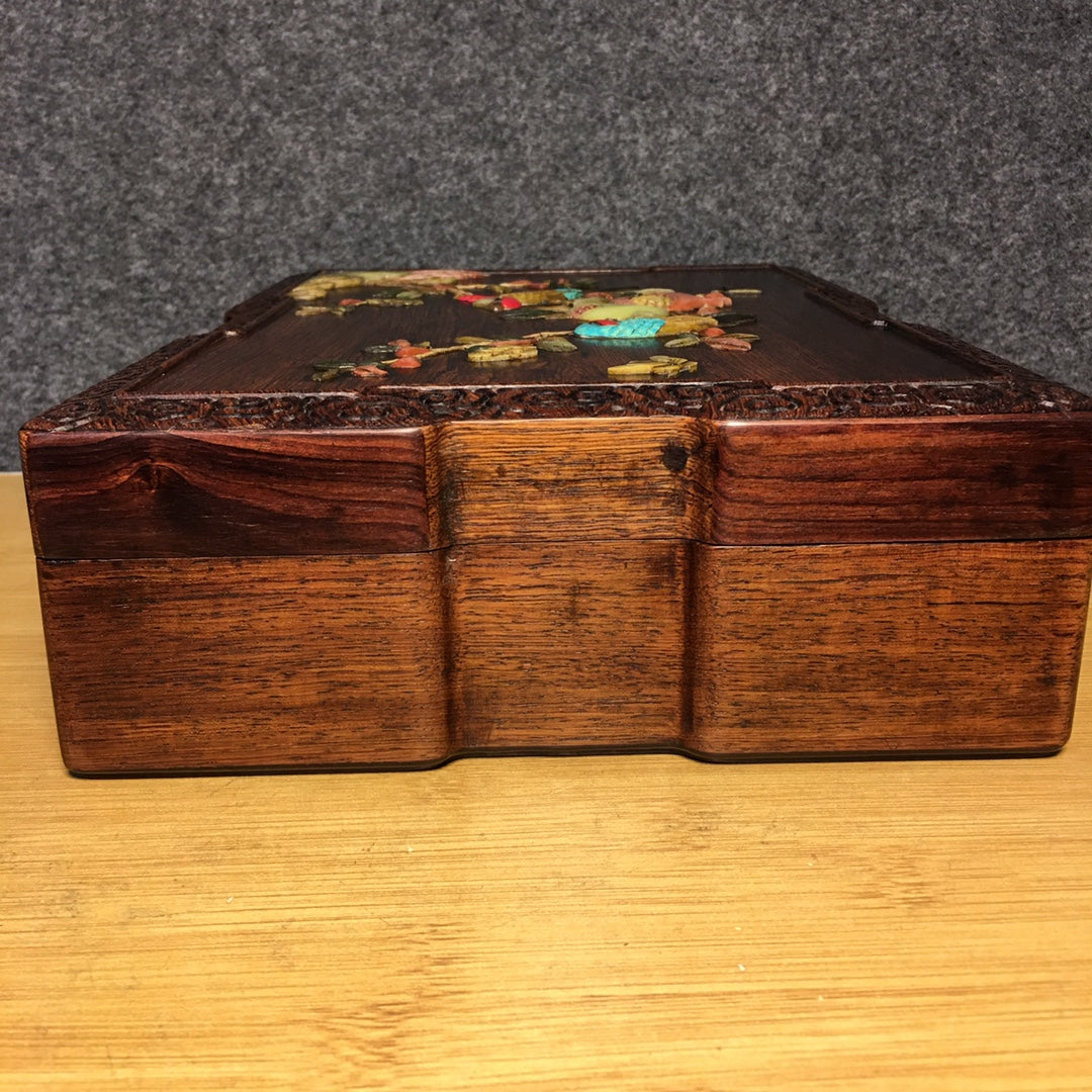 A1114 Chinese Huanghuali Wood Inlay Shoushan Stone & Shell Bird & Pomegranate Jewellery Box
