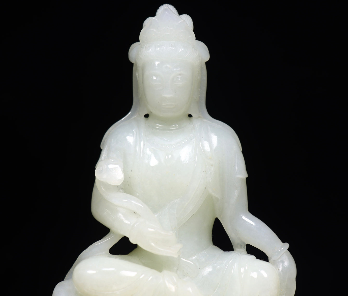 A1116 Luxury Chinese White Hetian Jade Carved Ruyi Kwan-yin Statue