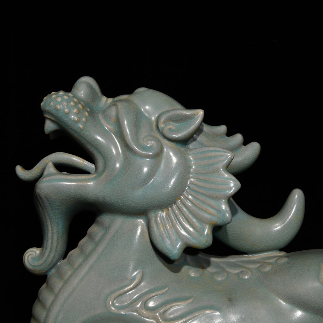 A1119 Chinese Ru Kiln Porcelain Fortune Kylin Statue