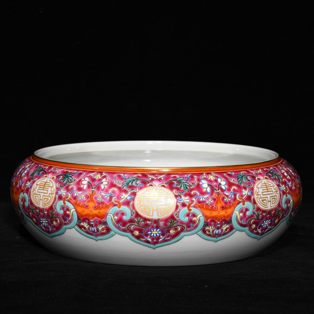 A1124 Chinese Qing Dynasty Gilt Edge Famille Rose Lotus Leaf & Lotus Flower & Crane Design Porcelain Brush Washer
