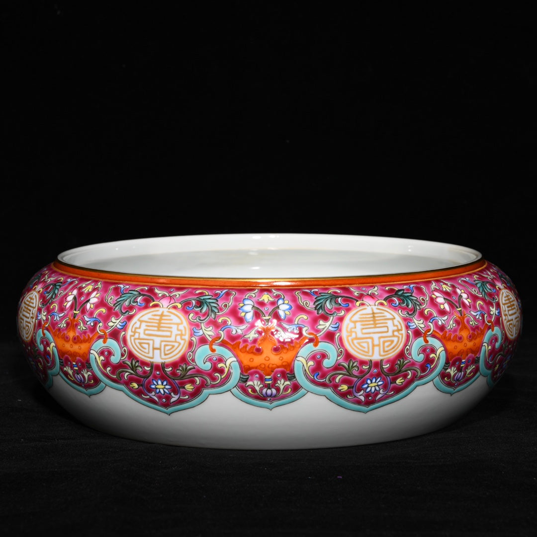 A1124 Chinese Qing Dynasty Gilt Edge Famille Rose Lotus Leaf & Lotus Flower & Crane Design Porcelain Brush Washer