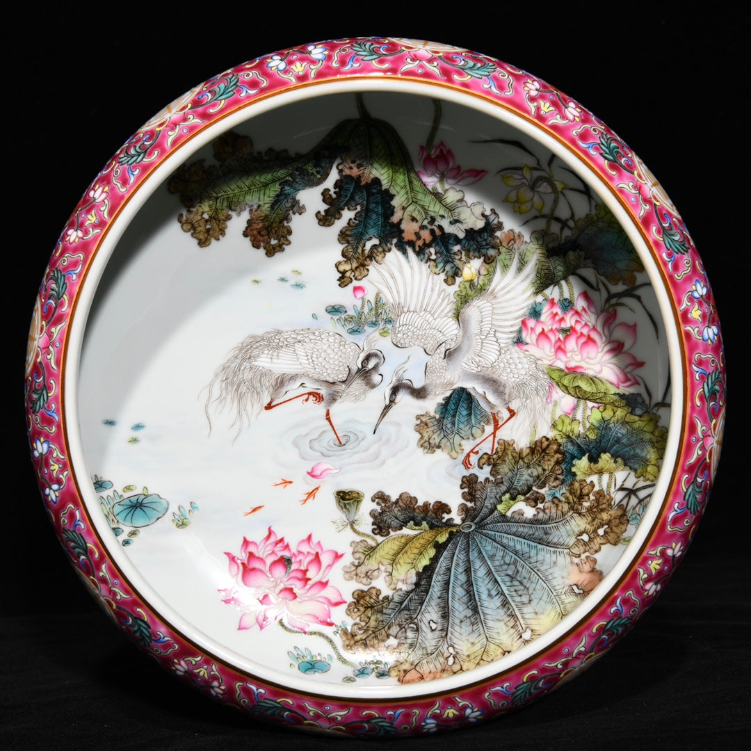 A1124 Chinese Qing Dynasty Gilt Edge Famille Rose Lotus Leaf & Lotus Flower & Crane Design Porcelain Brush Washer