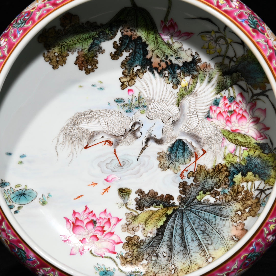A1124 Chinese Qing Dynasty Gilt Edge Famille Rose Lotus Leaf & Lotus Flower & Crane Design Porcelain Brush Washer