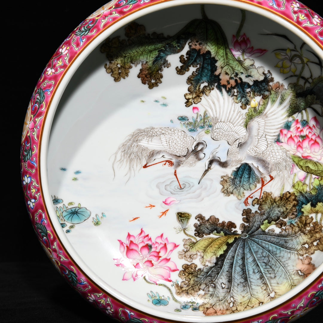 A1124 Chinese Qing Dynasty Gilt Edge Famille Rose Lotus Leaf & Lotus Flower & Crane Design Porcelain Brush Washer