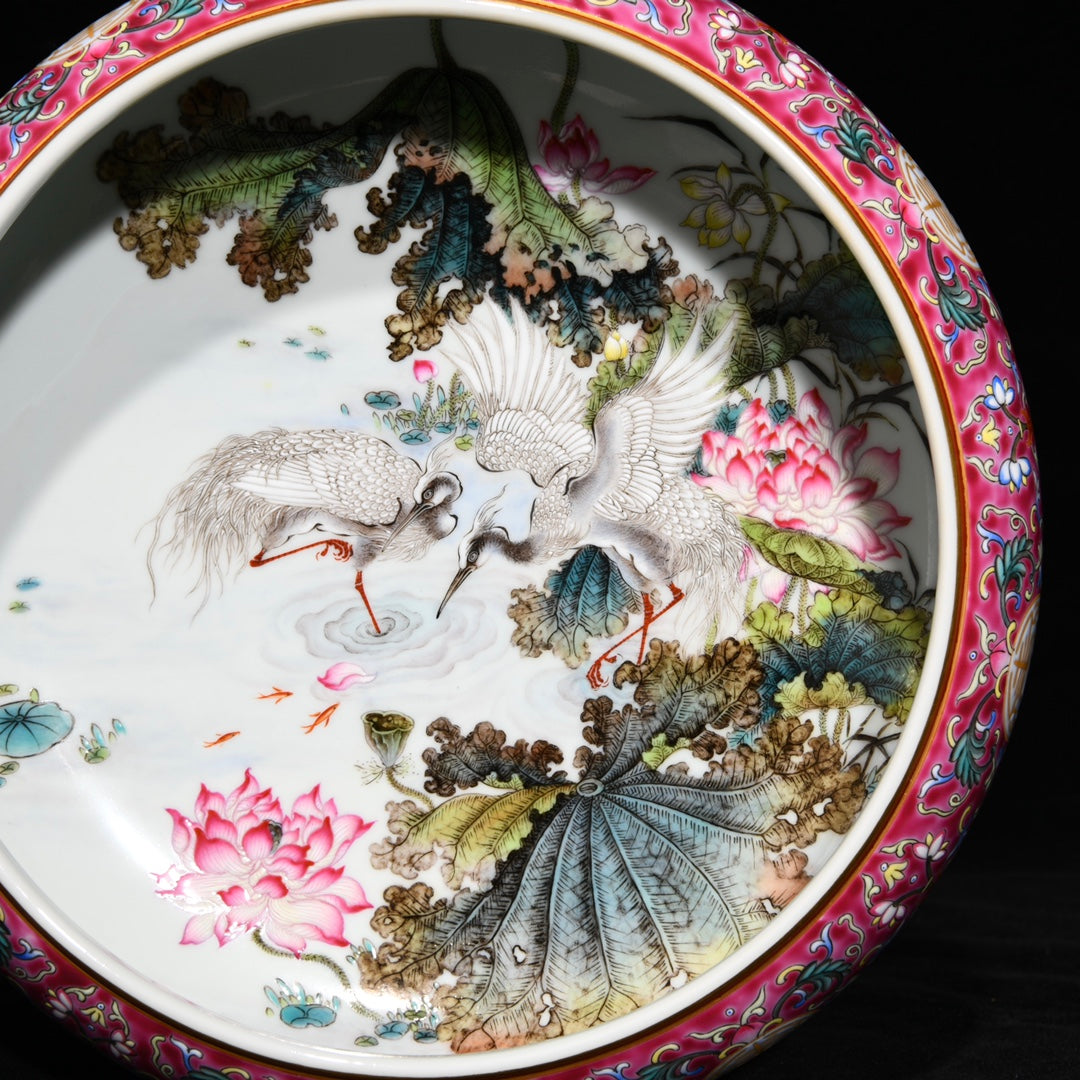 A1124 Chinese Qing Dynasty Gilt Edge Famille Rose Lotus Leaf & Lotus Flower & Crane Design Porcelain Brush Washer