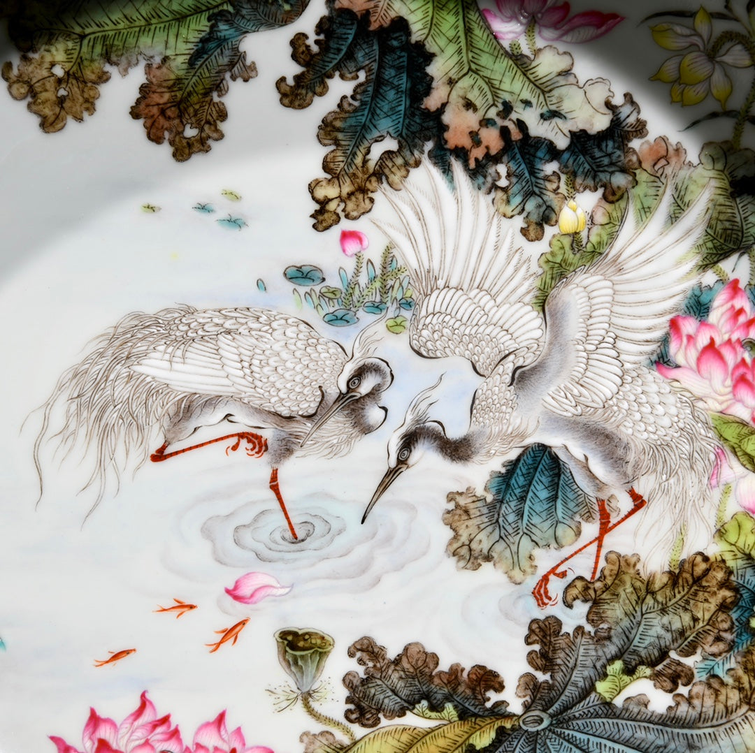 A1124 Chinese Qing Dynasty Gilt Edge Famille Rose Lotus Leaf & Lotus Flower & Crane Design Porcelain Brush Washer