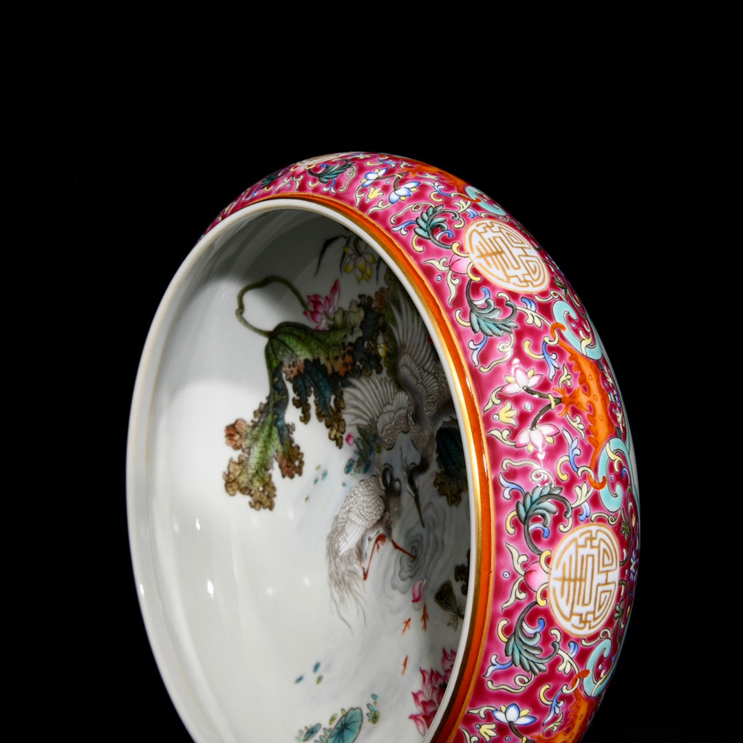 A1124 Chinese Qing Dynasty Gilt Edge Famille Rose Lotus Leaf & Lotus Flower & Crane Design Porcelain Brush Washer