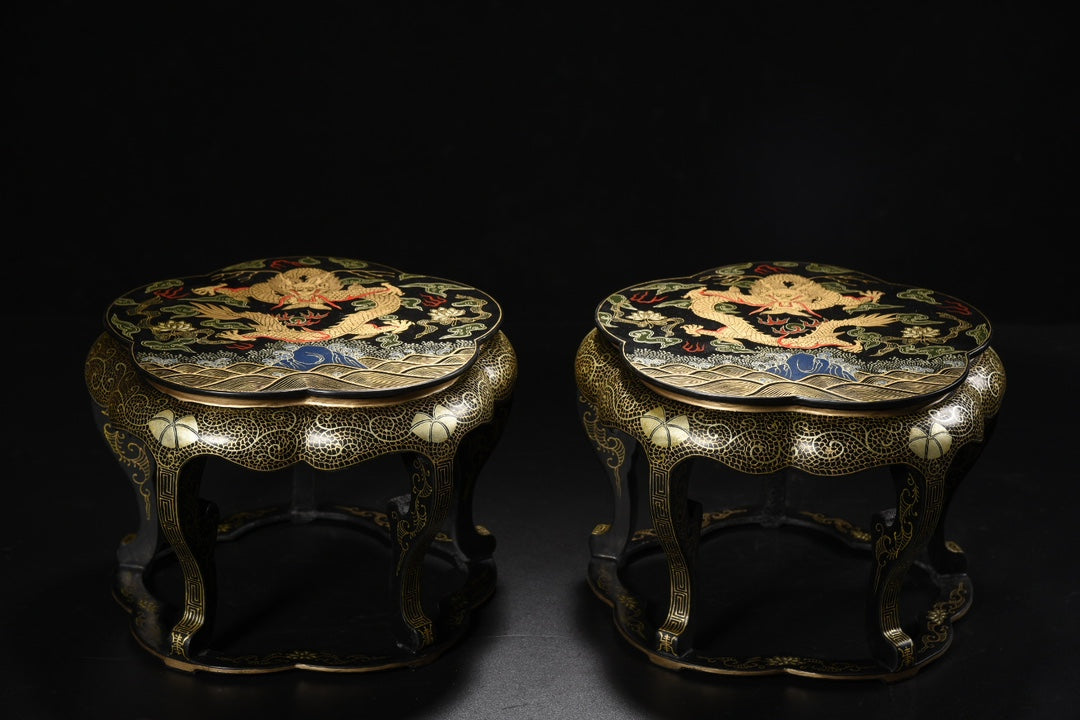 A1128 A Pair Vintage Chinese Gilt Gold Wooden-cored Lacquerware Clouds Dragon Design Small Chair
