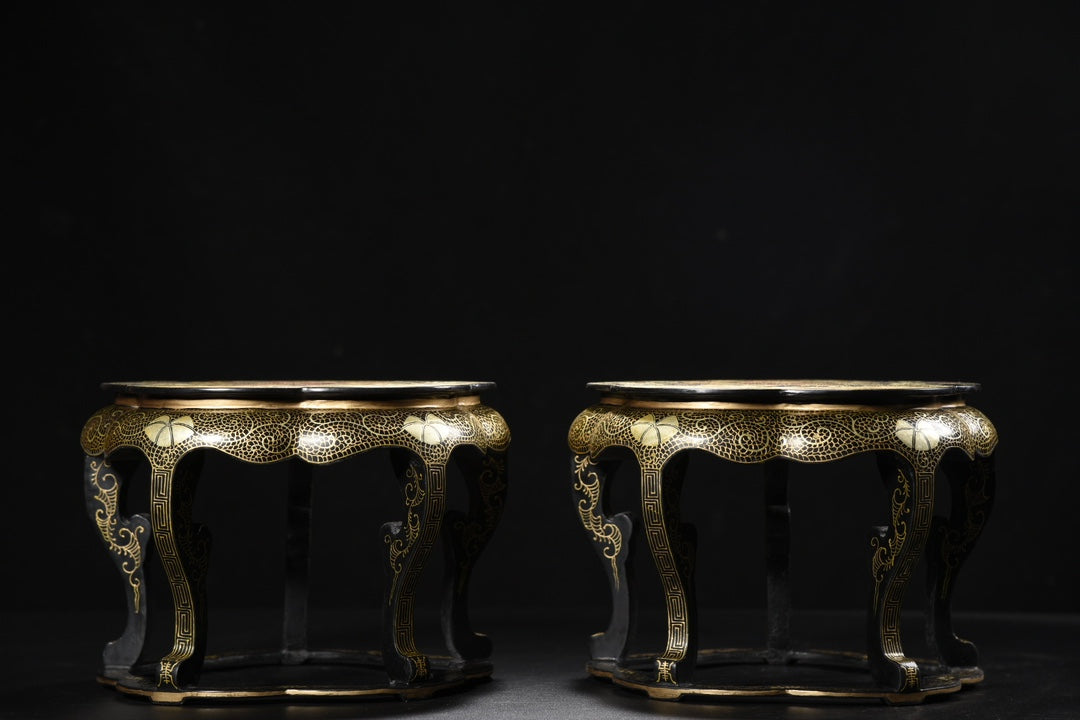 A1128 A Pair Vintage Chinese Gilt Gold Wooden-cored Lacquerware Clouds Dragon Design Small Chair