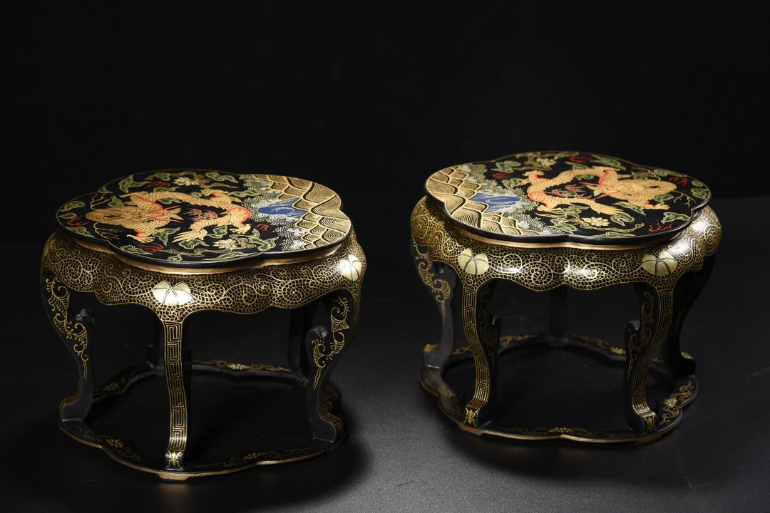 A1128 A Pair Vintage Chinese Gilt Gold Wooden-cored Lacquerware Clouds Dragon Design Small Chair