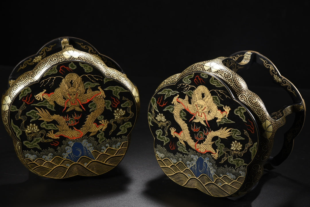 A1128 A Pair Vintage Chinese Gilt Gold Wooden-cored Lacquerware Clouds Dragon Design Small Chair