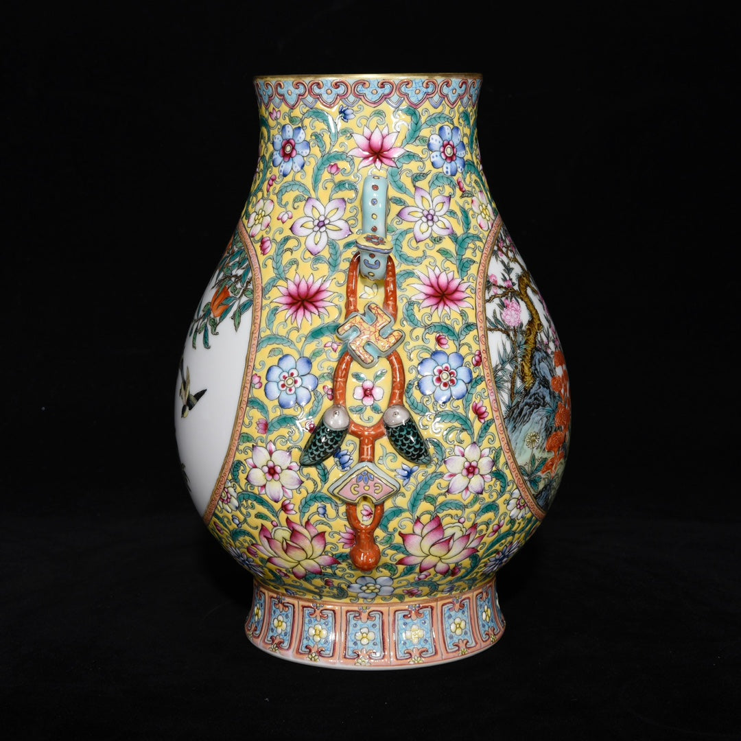 A1135 Chinese Qing Dynasty Gilt Edge Famille Rose Bird & Pomegranate & Peach Design Porcelain Vase